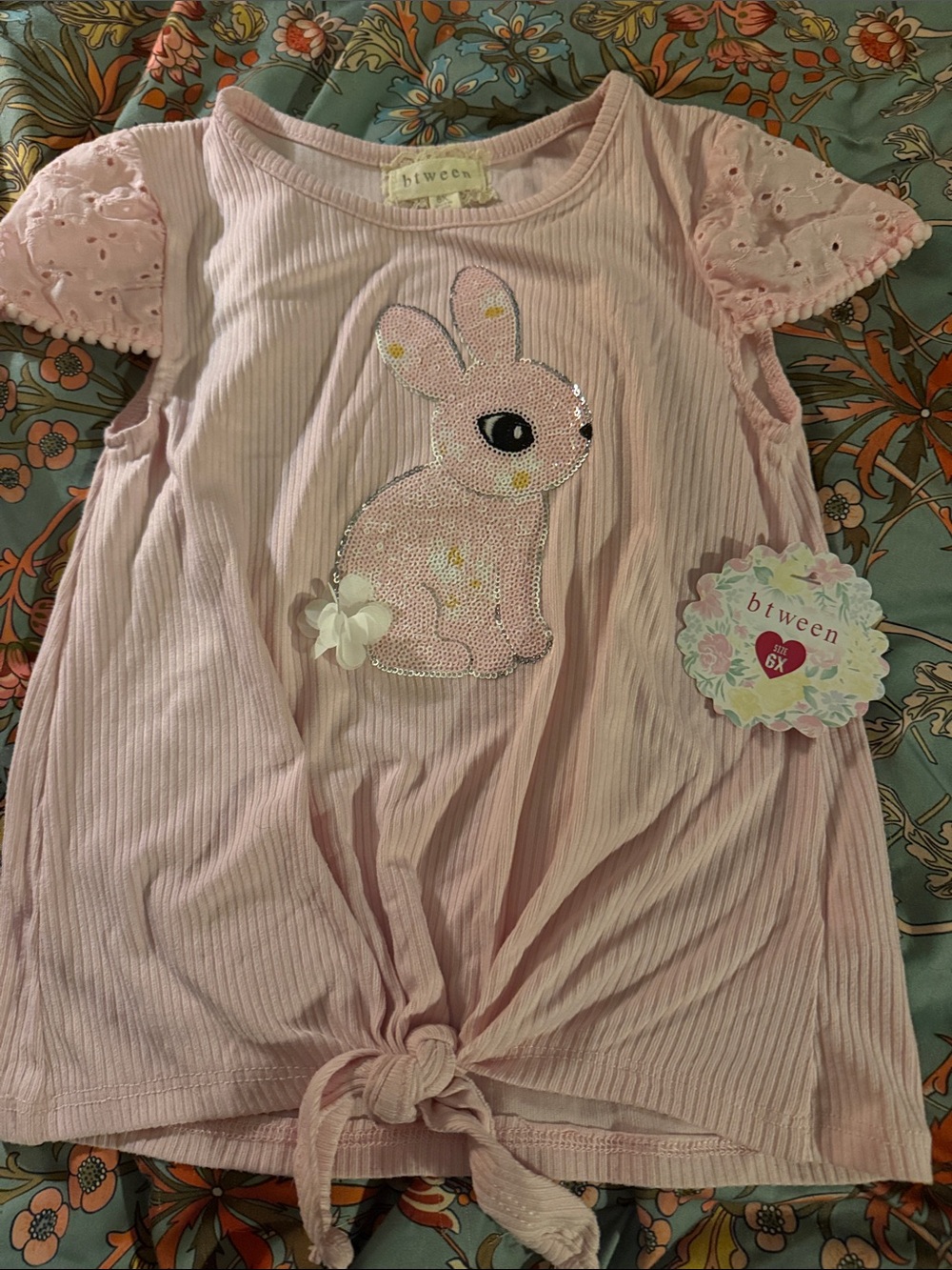 btween Pink Girls Bunny Sequin Tie-Front Top